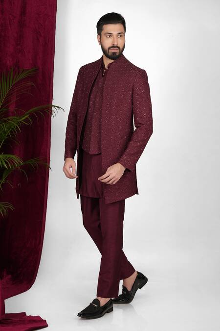 Shop Sven Suits Wine Faux Leather Embroidery, Cut Work Waistcoat Set Online at Aza Fashions Shop_Sven Suits_Wine Faux Leather Embroidery, Cut Work Waistcoat Set _Online_at_Aza_Fashions