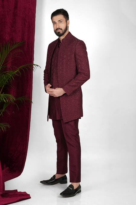 Sven Suits Wine Faux Leather Embroidery, Cut Work Waistcoat Set at Aza Fashions Sven Suits_Wine Faux Leather Embroidery, Cut Work Waistcoat Set _at_Aza_Fashions