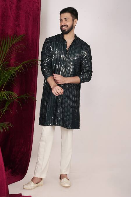 Sven Suits Green Faux Leather Mirrors Embroidered Kurta Set Online at Aza Fashions Sven Suits_Green Faux Leather Mirrors Embroidered Kurta Set _Online_at_Aza_Fashions