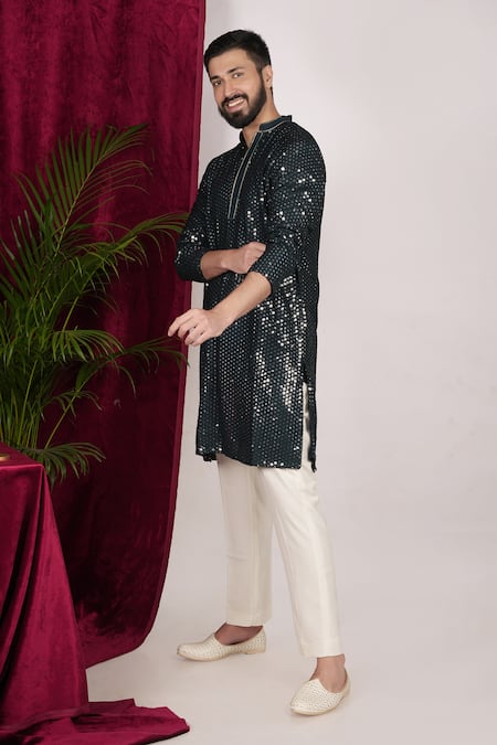 Buy Sven Suits Green Faux Leather Mirrors Embroidered Kurta Set Online at Aza Fashions Buy_Sven Suits_Green Faux Leather Mirrors Embroidered Kurta Set _Online_at_Aza_Fashions