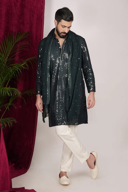 Shop Sven Suits Green Faux Leather Mirrors Embroidered Kurta Set Online at Aza Fashions Shop_Sven Suits_Green Faux Leather Mirrors Embroidered Kurta Set _Online_at_Aza_Fashions