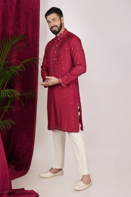 Sven Suits_Red Faux Leather Mirrors Work Kurta Set _Online_at_Aza_Fashions