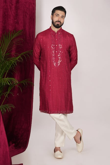 Buy_Sven Suits_Red Faux Leather Mirrors Work Kurta Set _Online_at_Aza_Fashions