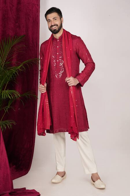 Shop_Sven Suits_Red Faux Leather Mirrors Work Kurta Set _Online_at_Aza_Fashions