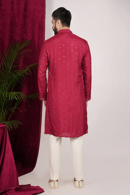 Shop_Sven Suits_Red Faux Leather Mirrors Work Kurta Set _at_Aza_Fashions