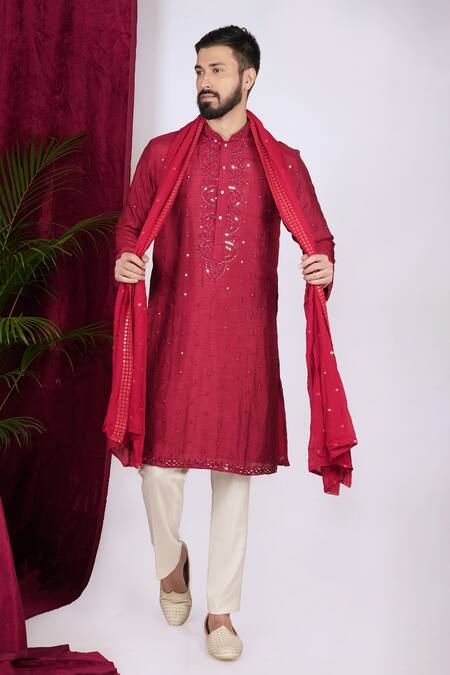 Sven Suits_Red Faux Leather Mirrors Work Kurta Set _at_Aza_Fashions