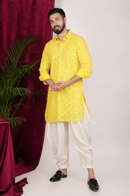 Buy_Sven Suits_Yellow Georgette Mirrors Work Kurta And Patiala Pant Set _Online_at_Aza_Fashions