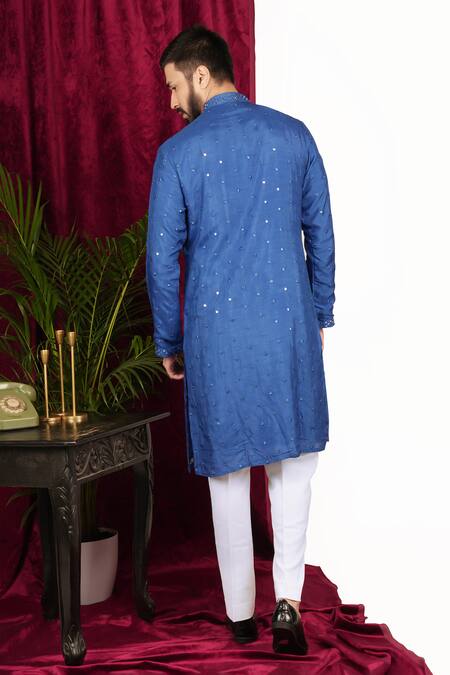 Shop_Sven Suits_Blue Faux Leather, Cotton Mirrors Embroidered Kurta Set _at_Aza_Fashions