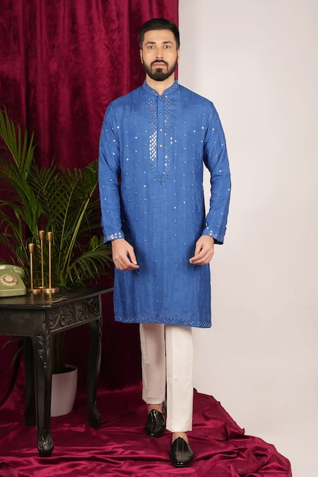 Sven Suits_Blue Faux Leather, Cotton Mirrors Embroidered Kurta Set _Online_at_Aza_Fashions