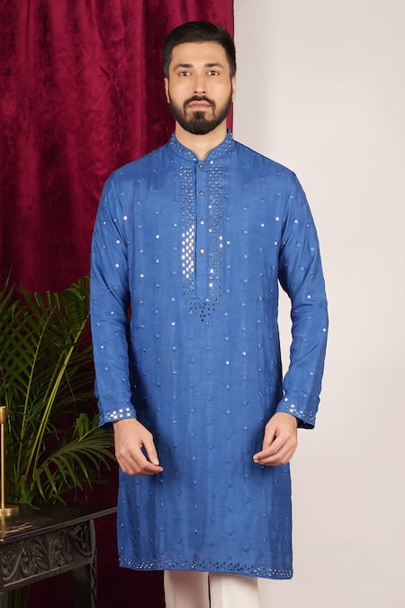 Buy_Sven Suits_Blue Faux Leather, Cotton Mirrors Embroidered Kurta Set _Online_at_Aza_Fashions