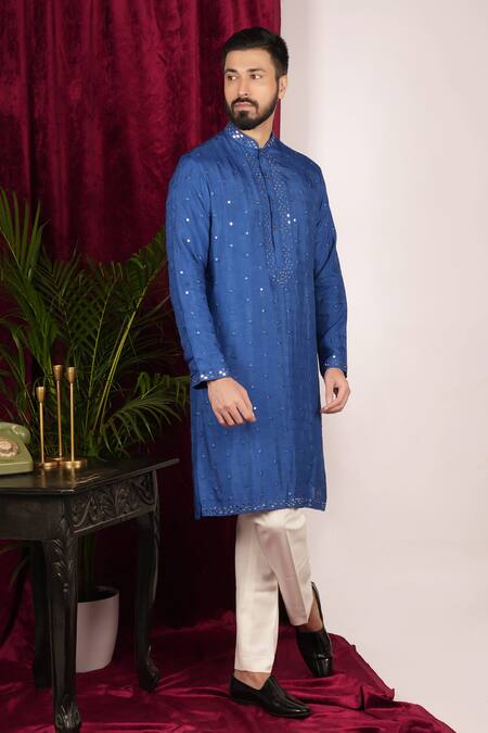 Shop_Sven Suits_Blue Faux Leather, Cotton Mirrors Embroidered Kurta Set _Online_at_Aza_Fashions