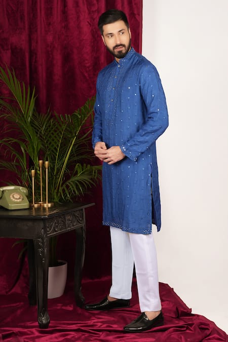 Sven Suits_Blue Faux Leather, Cotton Mirrors Embroidered Kurta Set _at_Aza_Fashions