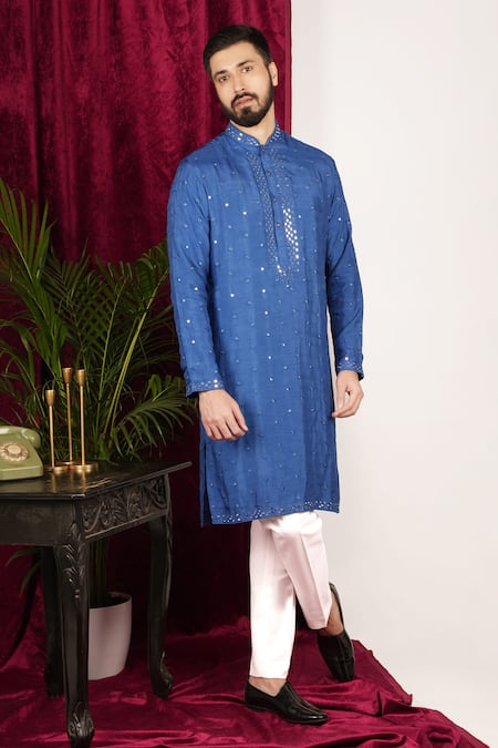 Shop_Sven Suits_Blue Faux Leather, Cotton Mirrors Embroidered Kurta Set 