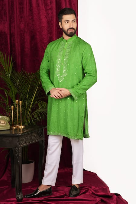 Shop Sven Suits Green Faux Leather, Cotton Mirrors Geometric Embroidered Kurta Set Online at Aza Fashions Shop_Sven Suits_Green Faux Leather, Cotton Mirrors Geometric Embroidered Kurta Set _Online_at_Aza_Fashions