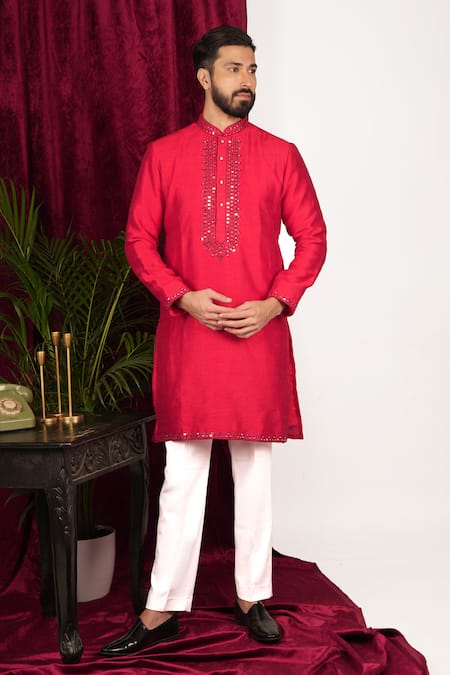 Sven suits Red Faux Tussar Embroidery Mirror Placket Kurta Set 