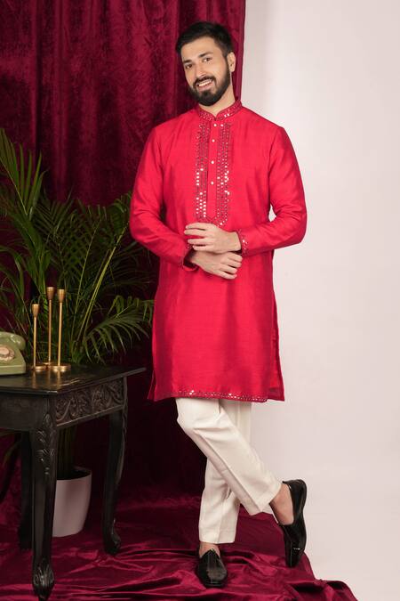 Sven Suits_Red Faux Leather, Cotton Mirrors Placket Embroidered Kurta Set _Online_at_Aza_Fashions