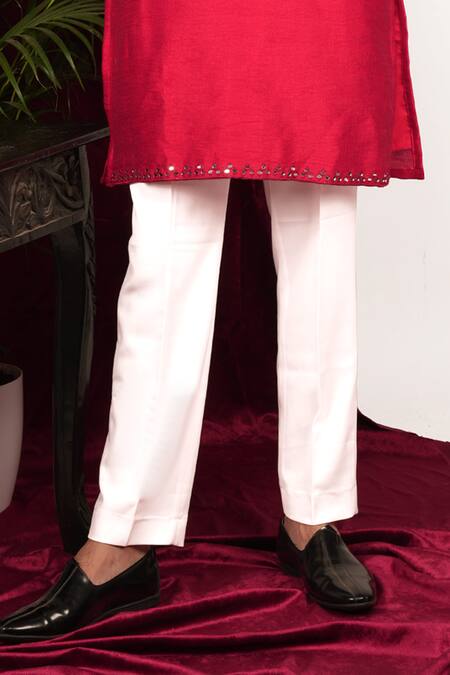 Shop_Sven Suits_Red Faux Leather, Cotton Mirrors Placket Embroidered Kurta Set _Online_at_Aza_Fashions