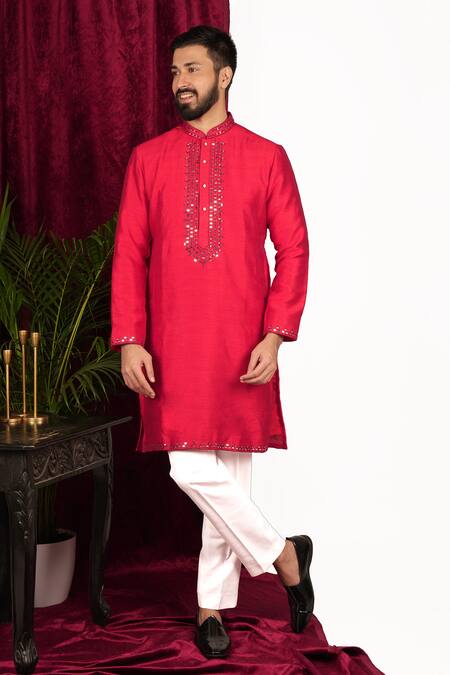 Sven Suits_Red Faux Leather, Cotton Mirrors Placket Embroidered Kurta Set _at_Aza_Fashions