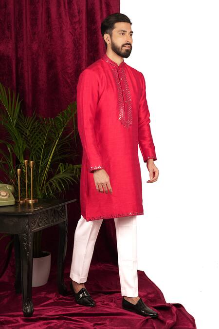 Buy_Sven Suits_Red Faux Leather, Cotton Mirrors Placket Embroidered Kurta Set 