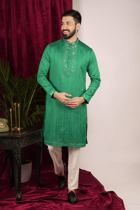 Sven Suits_Green Faux Leather Mirrors Placket Embroidered Kurta Set _Online_at_Aza_Fashions