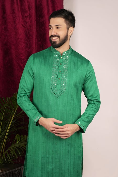 Buy_Sven Suits_Green Faux Leather Mirrors Placket Embroidered Kurta Set _Online_at_Aza_Fashions