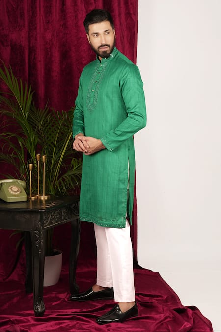 Shop_Sven Suits_Green Faux Leather Mirrors Placket Embroidered Kurta Set _Online_at_Aza_Fashions
