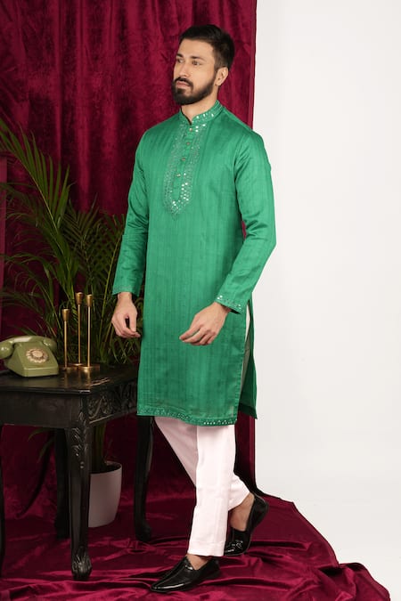 Sven Suits_Green Faux Leather Mirrors Placket Embroidered Kurta Set _at_Aza_Fashions