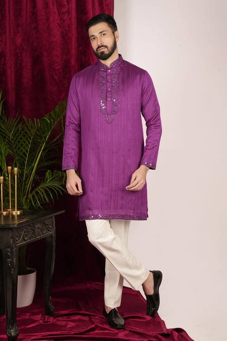 Sven Suits_Purple Faux Leather, Cotton Mirrors Geometric Placket Embroidered Kurta Set _Online_at_Aza_Fashions