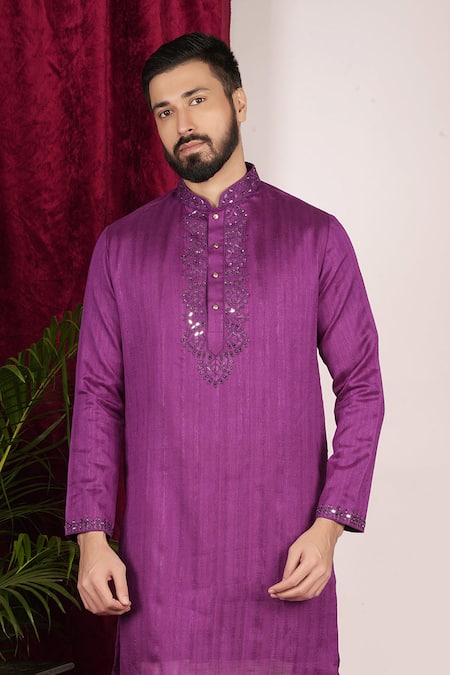 Buy_Sven Suits_Purple Faux Leather, Cotton Mirrors Geometric Placket Embroidered Kurta Set _Online_at_Aza_Fashions