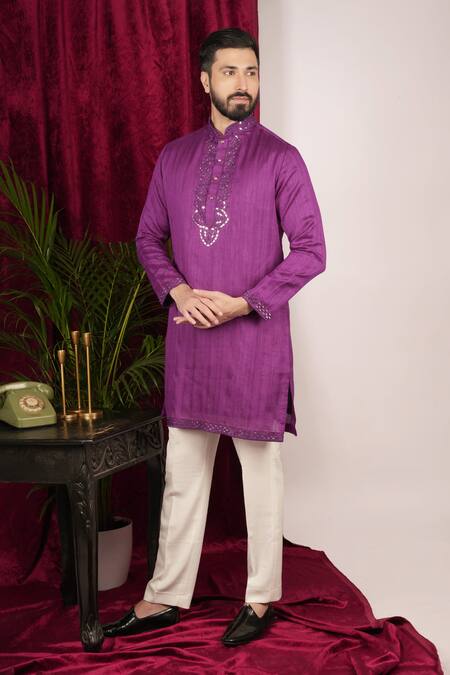 Shop_Sven Suits_Purple Faux Leather, Cotton Mirrors Geometric Placket Embroidered Kurta Set _Online_at_Aza_Fashions