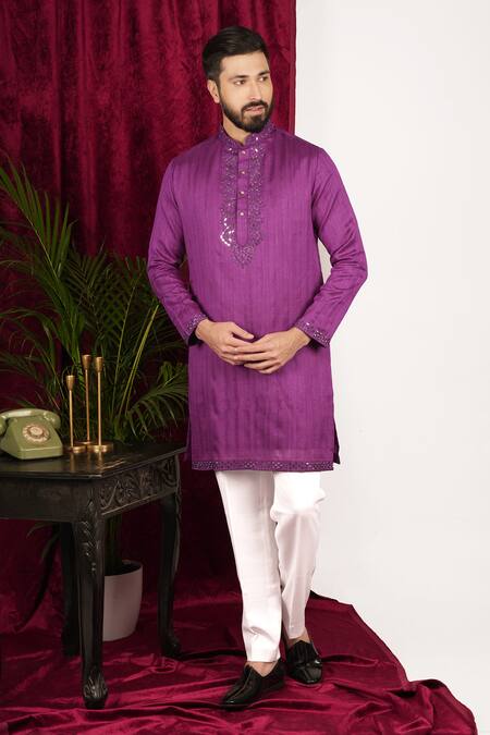 Buy_Sven Suits_Purple Faux Leather, Cotton Mirrors Geometric Placket Embroidered Kurta Set 