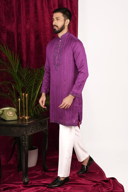 Shop_Sven Suits_Purple Faux Leather, Cotton Mirrors Geometric Placket Embroidered Kurta Set 