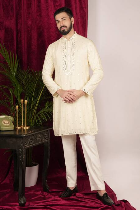Sven Suits_Cream Faux Leather Mirrors Scattered Embroidered Kurta Set _Online_at_Aza_Fashions