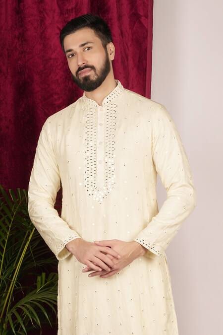 Buy_Sven Suits_Cream Faux Leather Mirrors Scattered Embroidered Kurta Set _Online_at_Aza_Fashions