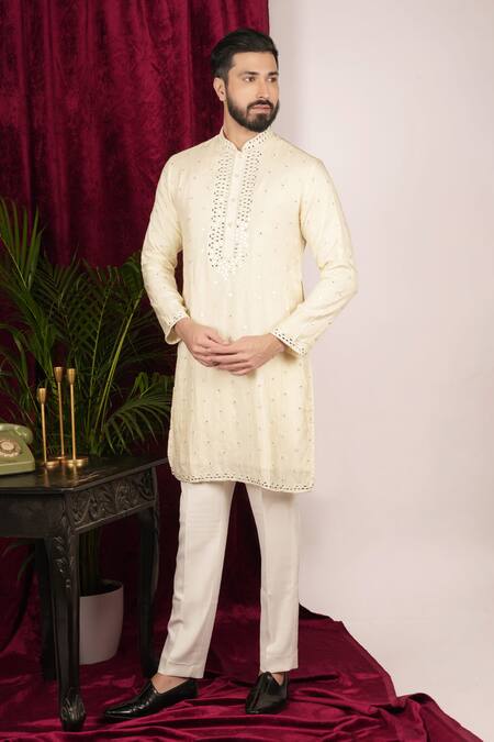 Sven Suits_Cream Faux Leather Mirrors Scattered Embroidered Kurta Set _at_Aza_Fashions