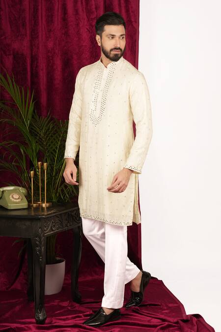 Shop_Sven Suits_Cream Faux Leather Mirrors Scattered Embroidered Kurta Set 
