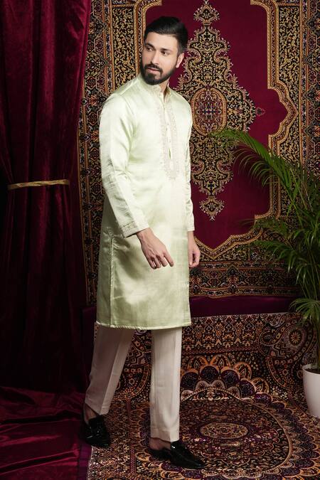 Sven Suits_Green Faux Leather, Silk Mirrors, Embroidery Hand Kurta Set _Online_at_Aza_Fashions