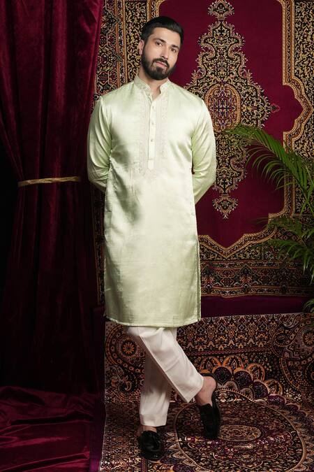 Buy_Sven Suits_Green Faux Leather, Silk Mirrors, Embroidery Hand Kurta Set _Online_at_Aza_Fashions