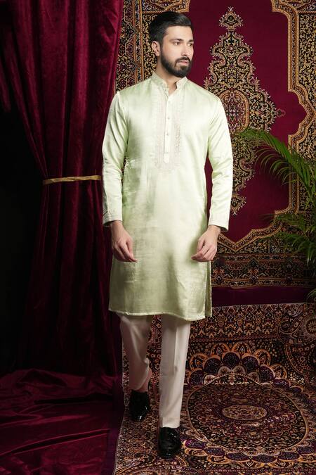Shop_Sven Suits_Green Faux Leather, Silk Mirrors, Embroidery Hand Kurta Set _Online_at_Aza_Fashions
