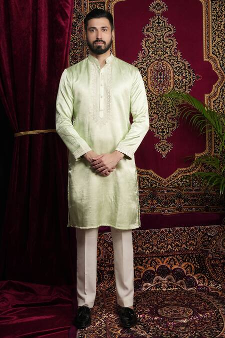 Sven Suits_Green Faux Leather, Silk Mirrors, Embroidery Hand Kurta Set _at_Aza_Fashions