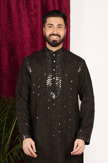 Buy Sven Suits Black Faux Leather Mirrors Geometric Hand Embroidered Kurta Set Online at Aza Fashions Buy_Sven Suits_Black Faux Leather Mirrors Geometric Hand Embroidered Kurta Set _Online_at_Aza_Fashions