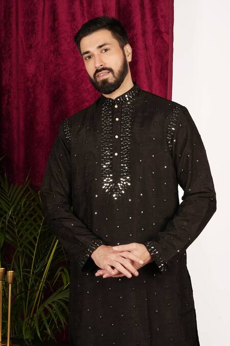 Sven Suits Black Faux Leather Mirrors Geometric Hand Embroidered Kurta Set at Aza Fashions Sven Suits_Black Faux Leather Mirrors Geometric Hand Embroidered Kurta Set _at_Aza_Fashions