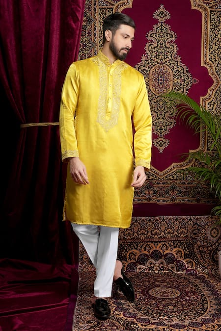Buy Sven Suits Yellow Faux Leather Embroidery Paisley Thread Kurta Set Online at Aza Fashions Buy_Sven Suits_Yellow Faux Leather Embroidery Paisley Thread Kurta Set _Online_at_Aza_Fashions