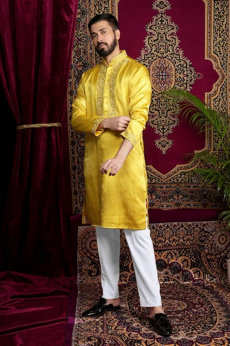 Shop Sven Suits Yellow Faux Leather Embroidery Paisley Thread Kurta Set Online at Aza Fashions Shop_Sven Suits_Yellow Faux Leather Embroidery Paisley Thread Kurta Set _Online_at_Aza_Fashions