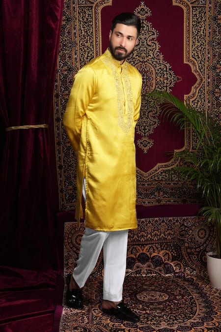Sven Suits Yellow Faux Leather Embroidery Paisley Thread Kurta Set at Aza Fashions Sven Suits_Yellow Faux Leather Embroidery Paisley Thread Kurta Set _at_Aza_Fashions