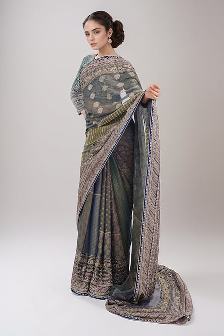 Tarun Tahiliani_Blue Georgette, Silk Embroidery V-neck Floral Saree With Blouse_Online_at_Aza_Fashions