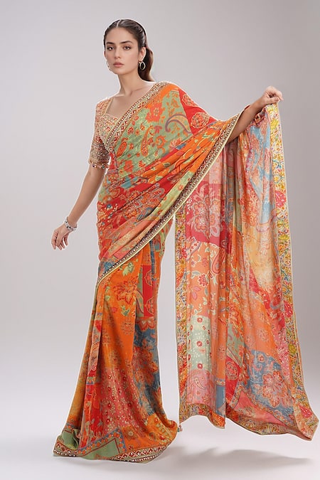 Tarun Tahiliani Multi Color Sequins Sweetheart Neck Floral Print Saree With Embroidered Blouse Online at Aza Fashions Tarun Tahiliani_Multi Color Sequins Sweetheart Neck Floral Print Saree With Embroidered Blouse _Online_at_Aza_Fashions