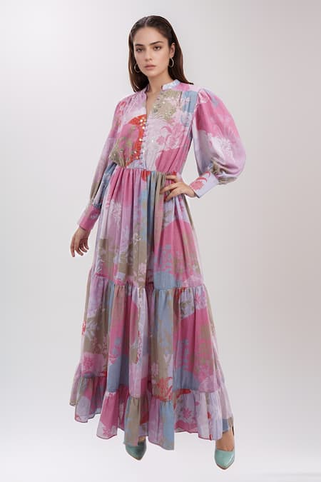 Pankaj & Nidhi Floral Print Tiered Maxi Dress 