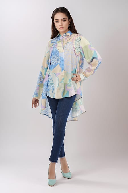 Pankaj & Nidhi Floral Jaal Print Asymmetric Shirt 