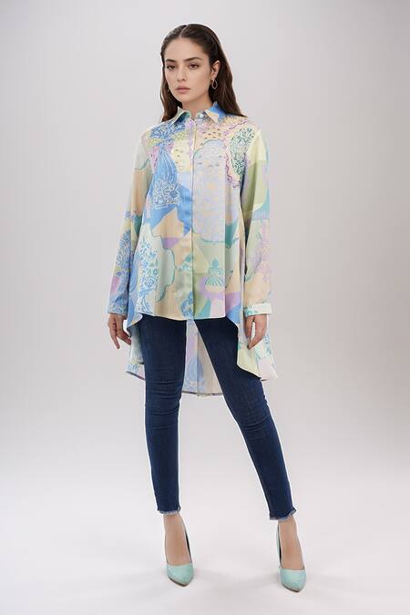 Buy_Pankaj & Nidhi_Multi Color Embroidery Collared Floral Jaal Print Asymmetric Shirt _Online_at_Aza_Fashions